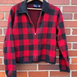 Vintage Lizsport Red Black Buffalo Plaid Full Zip Collared Sweater Korea- Small